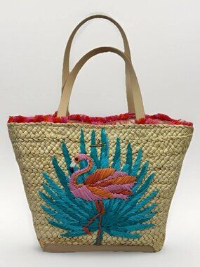 🦩🌴 NWOT Spartina 449 Moreland Embroidered Straw Tote – Tropic Flamingo